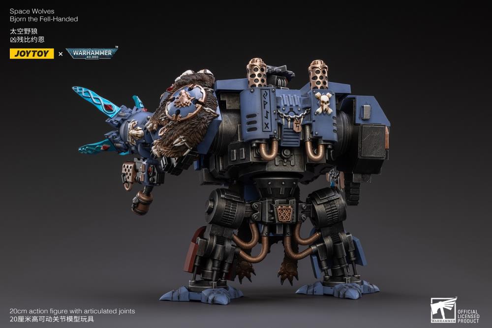 Joy Toy Warhammer 40k Space Wolves Bjorn The Fell-Handed 1/18 Scale Figure JT2924. Interred in a custom-built Dreadnought, JoyToy Bjorn is a legendary figure amongst the Space Wolves, for he fought in the Horus Heresy amongst the retinue of Leman Russ himself. 