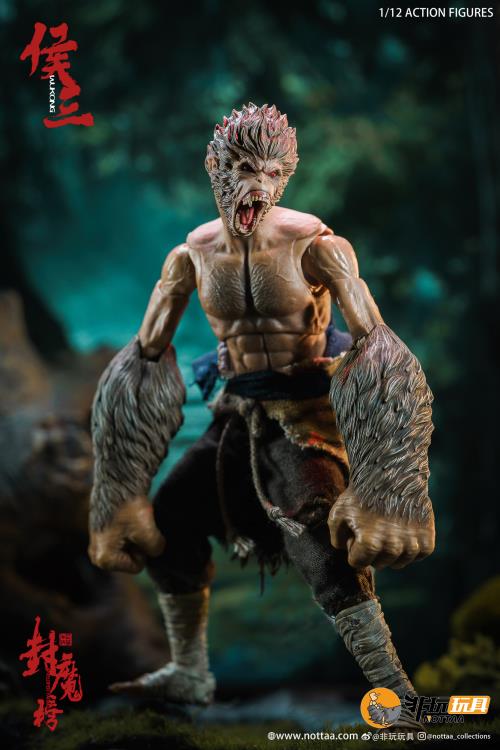 This 1/12 scale articulated figure of the martial artist monk Wukong measures around 6.5 inches tall and features real fabric clothing, alternate hands, monkey mask, beaded necklace, 2 bananas, and his monk staff. This deluxe version also comes with an alternate monkey head sculpt, golden palm effect, 2 ape forearms with fists, wind effects, and 2 extra staffs. 