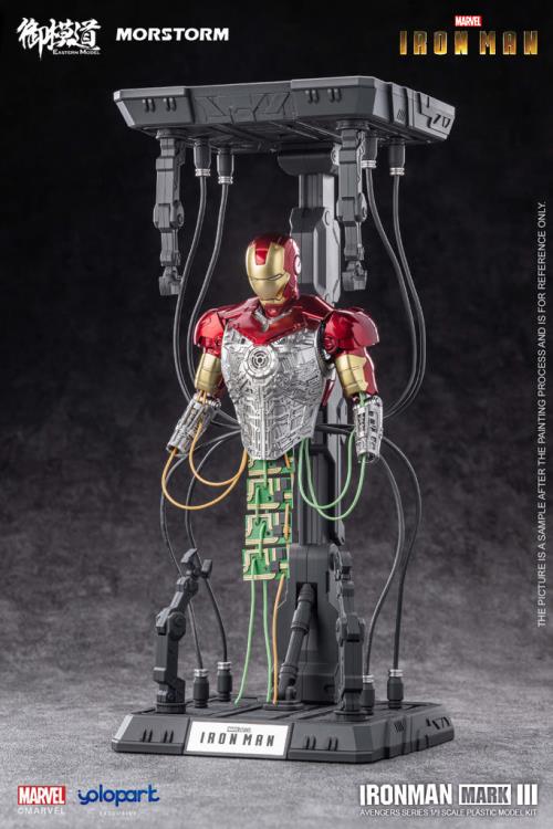 This 1/9 scale Eastern Model Morstorm Marvel Iron Man Mark III model features plastic and die-cast parts for a more real feel. Once assembled, this kit becomes a fully articulated figure with a diorama display and stand.