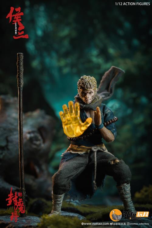 This 1/12 scale articulated figure of the martial artist monk Wukong measures around 6.5 inches tall and features real fabric clothing, alternate hands, monkey mask, beaded necklace, 2 bananas, and his monk staff. This deluxe version also comes with an alternate monkey head sculpt, golden palm effect, 2 ape forearms with fists, wind effects, and 2 extra staffs. 