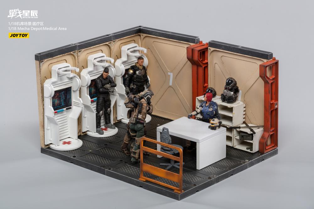 Joy Toy brings even more incredibly detailed 1/18 scale dioramas to life with this mecha depot medical area diorama! JoyToy set includes flooring, desk, supply shelves, and medical pods.d 1/18 scale dioramas to life with this mecha depot medical area diorama! This set includes flooring, desk, supply shelves, and medical pods.