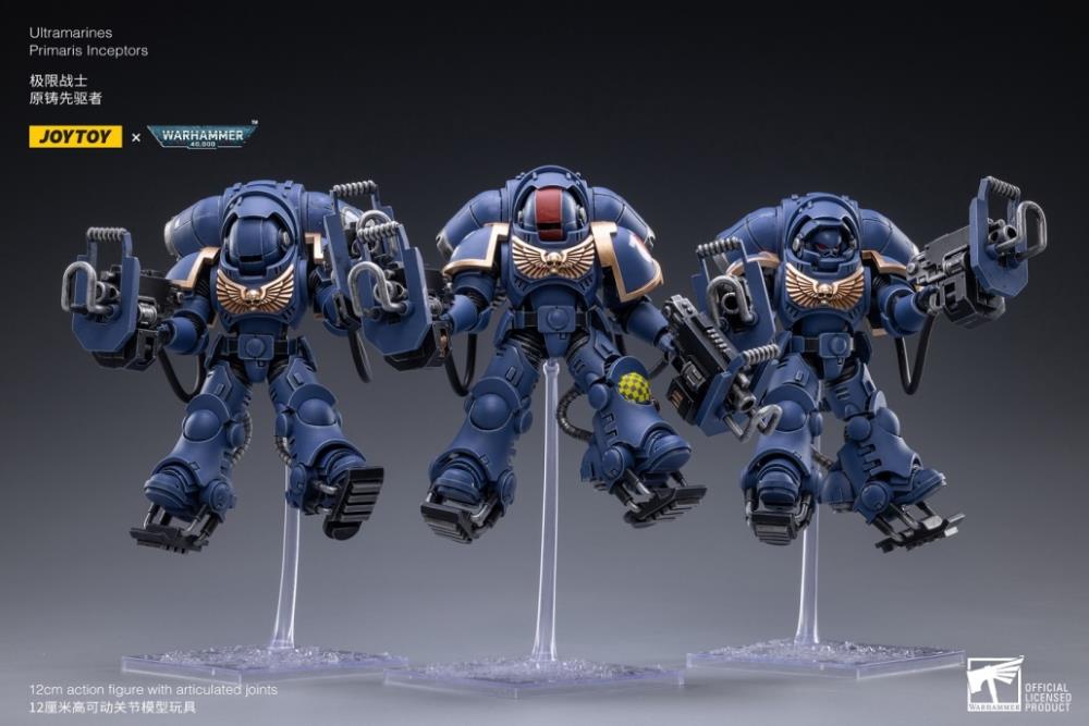 Joy Toy brings the Inceptors to life with this set of Warhammer 40K Ultramarines Primaris Inceptors box of 3 figures. The JoyToy Ultramarines are the most elite of the Space Marine Chapters in the Imperium of Man. Recreate the most important battles with this set of highly disciplined and courageous warriors.