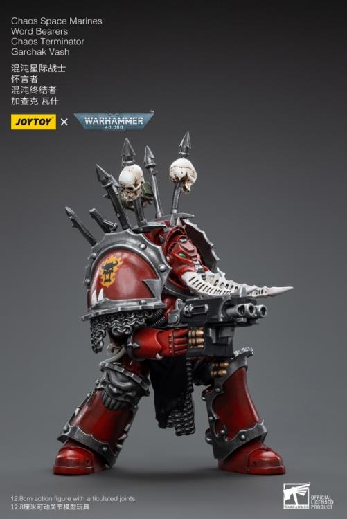 This is a 1/18 scale highly detailed, articulated figure based on Warhammer 40k's Chaos Terminator Garchak Vash of the Chaos Space Marines Word Bearers. The Chaos Terminator Garchak Vash figure stands just over 5 inches tall and comes with several interchangeable parts and accessories, opening the door to a plethora of different and unique display opportunities.