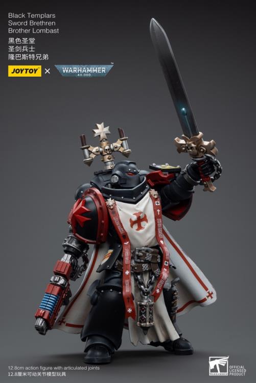 This is a 1/18 scale highly detailed, articulated figure based on Warhammer 40k's Brother Lombast of the Black Templars Sword Brethren. The Brother Lombast figure stands just over 5 inches tall and comes with several interchangeable parts and accessories, opening the door to a plethora of different and unique display opportunities.