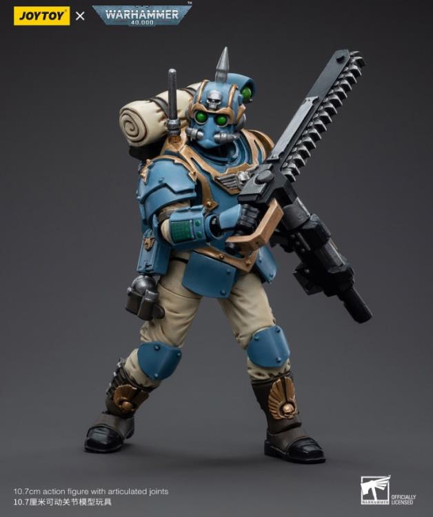 This is a 1/18 scale highly detailed, articulated figure based on Warhammer 40k's Tempestor of the Astra Militarum Tempestus 55th Kappic Eagles. The Tempestor figure stands about 4.20 inches tall and comes with several interchangeable parts and accessories, opening the door to a plethora of different and unique display opportunities.