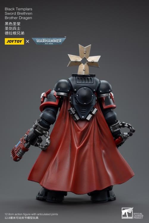 This is a 1/18 scale highly detailed, articulated figure based on Warhammer 40k's Brother Dragen of the Black Templars Sword Brethren. The Brother Dragen figure stands just over 5 inches tall and comes with several interchangeable parts and accessories, opening the door to a plethora of different and unique display opportunities.