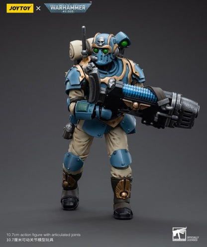 This is a 1/18 scale highly detailed, articulated figure based on Warhammer 40k's Plasma Gunner of the Astra Militarum Tempestus 55th Kappic Eagles. The Plasma Gunner figure stands about 4.20 inches tall and comes with several interchangeable parts and accessories, opening the door to a plethora of different and unique display opportunities.