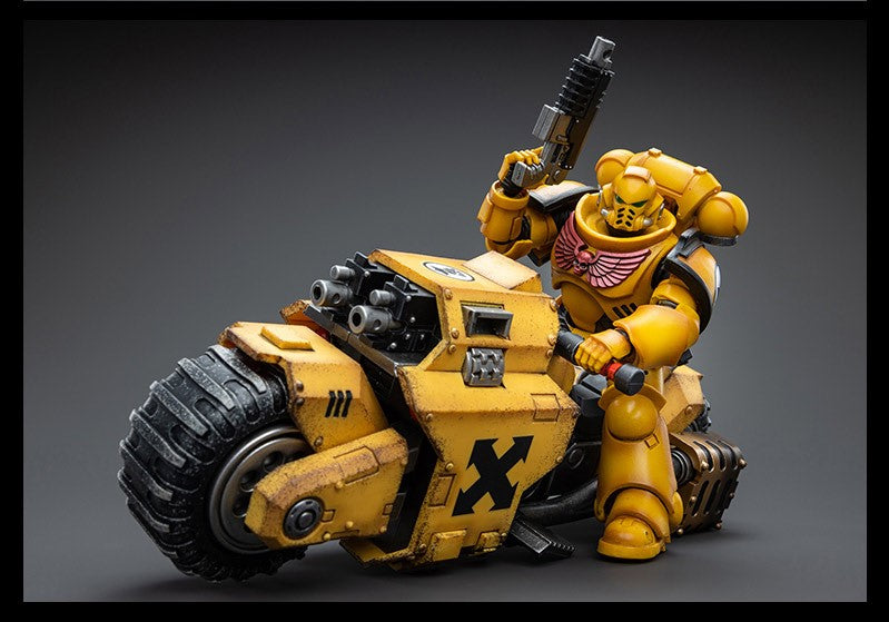 The Imperial Fists are one of the First Founding Chapters of the Space Marines and were originally the VIIthLegion of the Legiones Astartes raised by the Emperor Himself from across Terra during the Unification Wars.  Joy Toy brings the Imperial Fists from Warhammer 40k to life with this new series of 1/18 scale figures. The Raider-Pattern Combat Bike is 8.66 inches with articulated joints and an impressive level of detail and coloring.