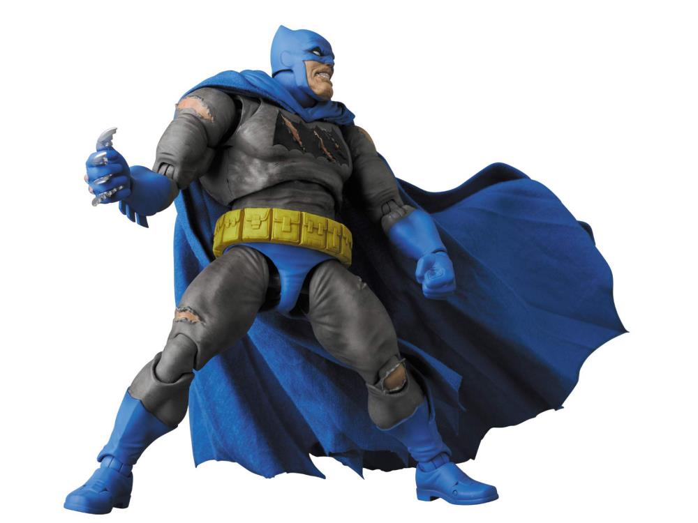 Based on his appearance from DC Comics' The Dark Knight Returns: Triumphant series, this incredibly detailed figure of Batman stands about 6 inches tall. The Dark Knight features multiple battle wounds and weathering, with two interchangeable heads, a removable cowl, and a fabric cape with wired edges for easy posing. His weapons include 4 batarangs, interchangeable hands, and a figure stand.