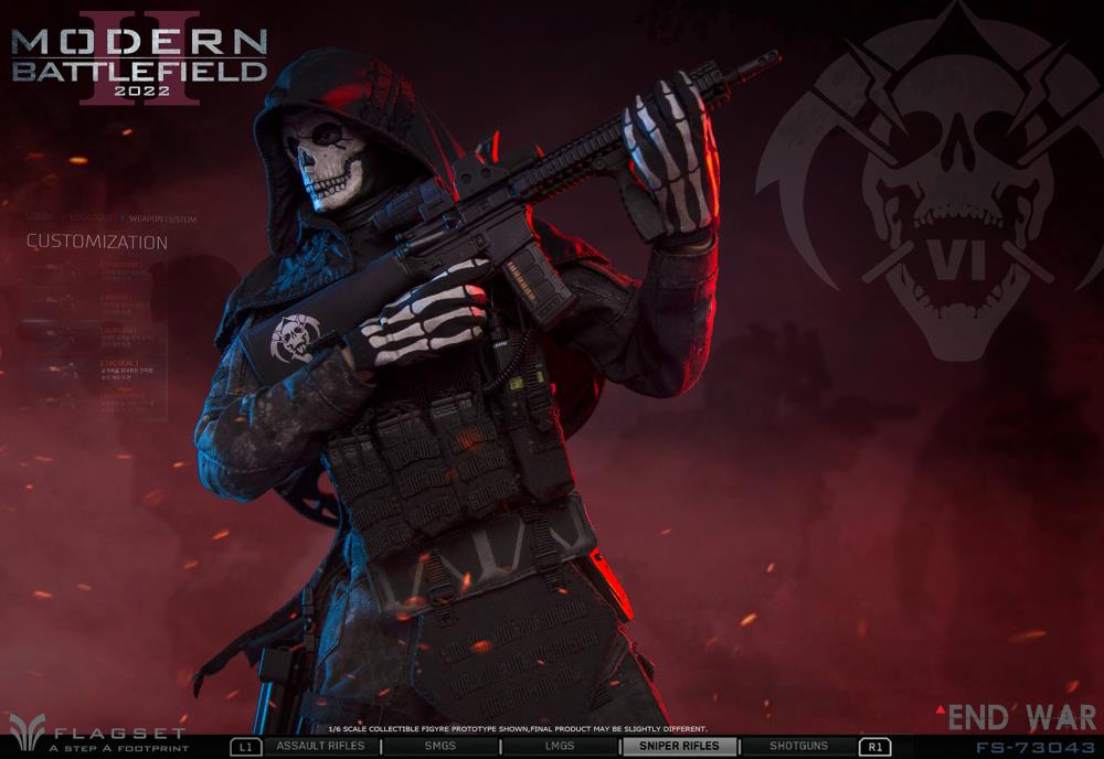 Add to your Flagset military-inspired figure collection with this 1/6 scale Battlefield End War II Grim Reaper figure. This figure features all of the Grim Reaper's signature accessories such as the sickle and cloak with a modern twist.