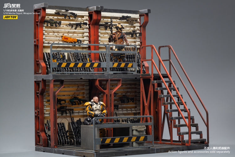 Joy Toy brings even more incredibly detailed 1/18 scale dioramas to life with this mecha depot weaponry diorama! JoyToy set includes flooring, a weapon-holding wall, and a staircase leading up to an upper railed walkway.