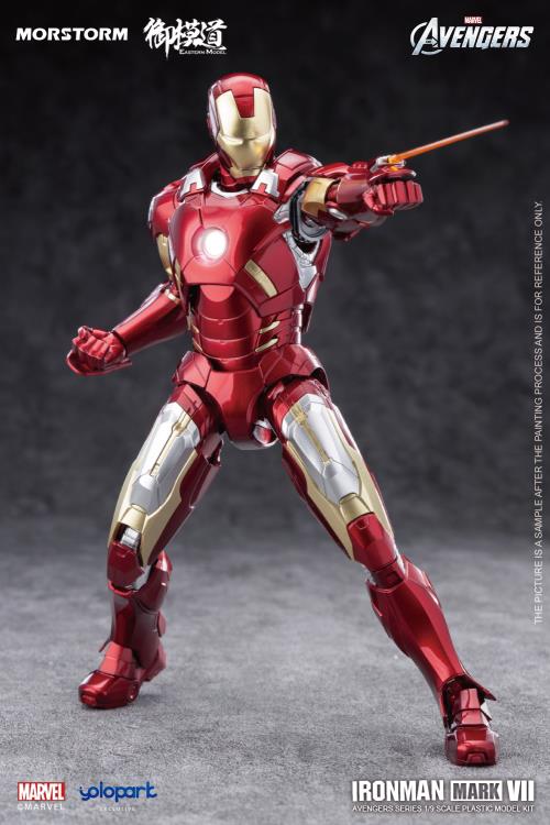 The Avengers, comes a new model kit of the Iron Man Mark VII suit! This Eastern Model Mostorm Marvel model kit features a deep variety of option to customize Iron Man with and in high detail as well. 