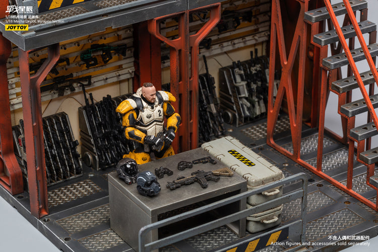 Joy Toy brings even more incredibly detailed 1/18 scale dioramas to life with this mecha depot weaponry diorama! JoyToy set includes flooring, a weapon-holding wall, and a staircase leading up to an upper railed walkway.