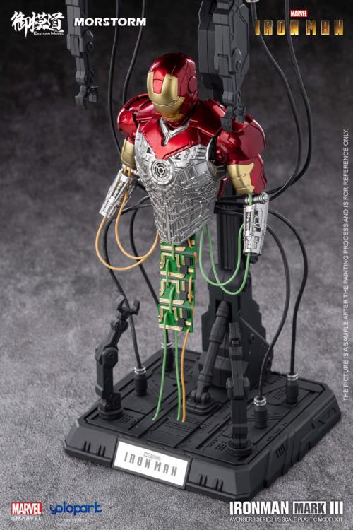 This 1/9 scale Eastern Model Morstorm Marvel Iron Man Mark III model features plastic and die-cast parts for a more real feel. Once assembled, this kit becomes a fully articulated figure with a diorama display and stand.