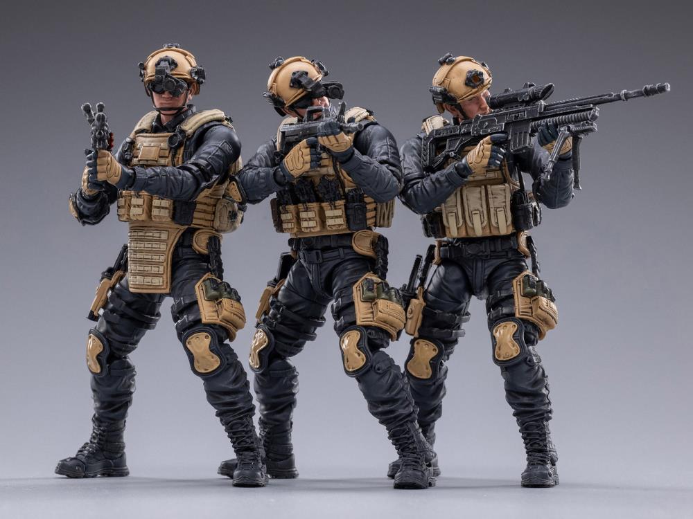 Joy Toy set of Police Sniper, Assault, and Automatic Rifleman figures is incredibly detailed in 1/18 scale. JoyToy, each figure is highly articulated and includes weapon accessories as well as several pieces of removable gear.
