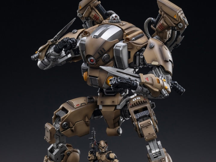 Joy Toy military vehicle series continues with the Xingtian Mecha and pilot figures ! JoyToy, each 1/18 scale articulated military mech and pilot features intricate details on a small scale and comes with equally-sized weapons and accessories.