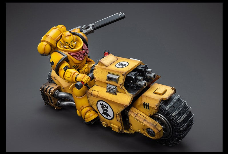 The Imperial Fists are one of the First Founding Chapters of the Space Marines and were originally the VIIthLegion of the Legiones Astartes raised by the Emperor Himself from across Terra during the Unification Wars.  Joy Toy brings the Imperial Fists from Warhammer 40k to life with this new series of 1/18 scale figures. The Raider-Pattern Combat Bike is 8.66 inches with articulated joints and an impressive level of detail and coloring.