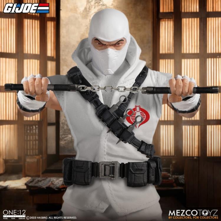 Enter Storm Shadow, Cobra Commander’s ninja bodyguard and latest addition to the One:12 Collective! The One:12 Collective Storm Shadow is outfitted in a short-sleeved karategi with Cobra insignia, shin guards, and tabi boots. His chest harness can hold 3 kunai in the front and his quiver in the back, and his thigh sheath can hold his nunchaku. Storm Shadow comes complete with two masked head portraits with different facial expressions, and 1 unmasked portrait.