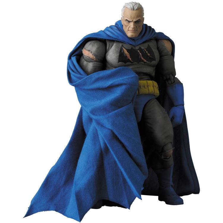 Based on his appearance from DC Comics' The Dark Knight Returns: Triumphant series, this incredibly detailed figure of Batman stands about 6 inches tall. The Dark Knight features multiple battle wounds and weathering, with two interchangeable heads, a removable cowl, and a fabric cape with wired edges for easy posing. His weapons include 4 batarangs, interchangeable hands, and a figure stand.