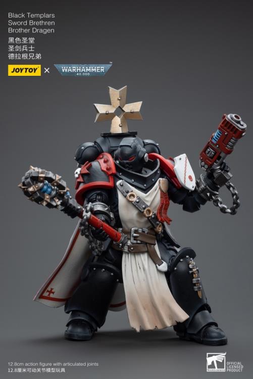 This is a 1/18 scale highly detailed, articulated figure based on Warhammer 40k's Brother Dragen of the Black Templars Sword Brethren. The Brother Dragen figure stands just over 5 inches tall and comes with several interchangeable parts and accessories, opening the door to a plethora of different and unique display opportunities.