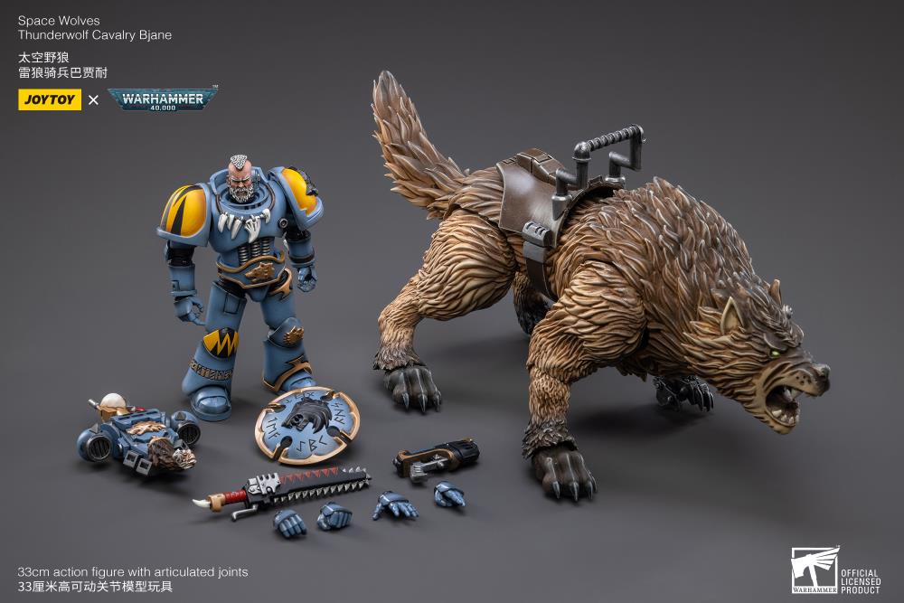 From Joy Toy, the Mountains of the Maelstrom come the legendary Space Wolves Thunderwolf, Cavalry Bjane and Frode ride into battle on his giant wolf as a detailed 1/8 scale figure. Each JoyToy figure includes interchangeable hands and weapon accessories and stands between 4" and 6" tall.