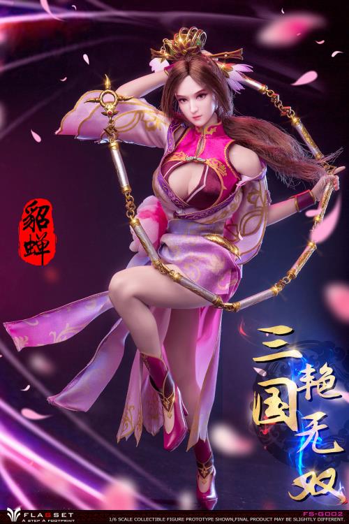 Based on the classic story Romance of the Three Kingdoms, this gorgeous 1/6 scale Flagset Diao Chan articulated figure features rooted hair, a fabric costume, and accessories.