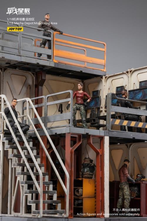 Joy Toy brings even more incredibly detailed 1/18 scale dioramas to life with this mecha depot monitoring area diorama! This set includes flooring, a pair of lower deck rooms, a monitoring room, railings, and a staircase.