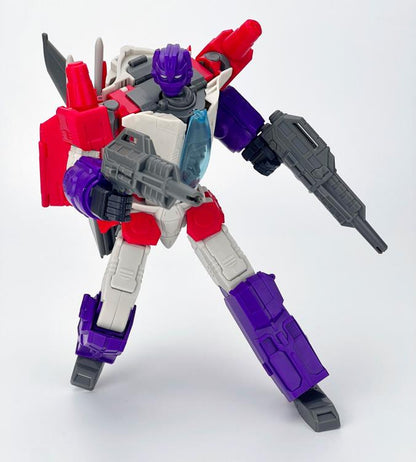 From Fans Hobby comes the Master Builder MB-23 Destroyer converting robot. This robot features a red, white and purple color scheme and can convert into a jet plane. This highly detailed Destroyer figure is a terrific addition to any collection.