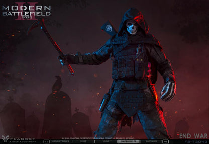 Add to your Flagset military-inspired figure collection with this 1/6 scale Battlefield End War II Grim Reaper figure. This figure features all of the Grim Reaper's signature accessories such as the sickle and cloak with a modern twist.