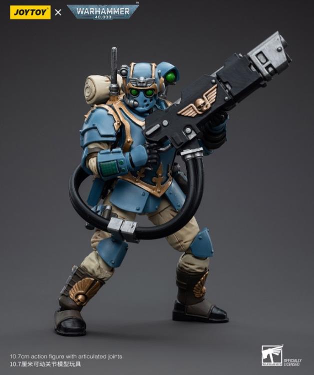 This is a 1/18 scale highly detailed, articulated figure based on Warhammer 40k's Hot-Shot Volley Gunner of the Astra Militarum Tempestus 55th Kappic Eagles. The Volley Gunner figure stands about 4.20 inches tall and comes with several interchangeable parts and accessories, opening the door to a plethora of different and unique display opportunities.