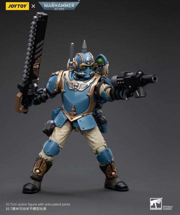 This is a 1/18 scale highly detailed, articulated figure based on Warhammer 40k's Tempestor of the Astra Militarum Tempestus 55th Kappic Eagles. The Tempestor figure stands about 4.20 inches tall and comes with several interchangeable parts and accessories, opening the door to a plethora of different and unique display opportunities.