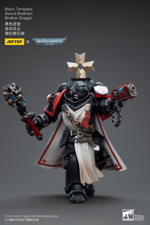 This is a 1/18 scale highly detailed, articulated figure based on Warhammer 40k's Brother Dragen of the Black Templars Sword Brethren. The Brother Dragen figure stands just over 5 inches tall and comes with several interchangeable parts and accessories, opening the door to a plethora of different and unique display opportunities.