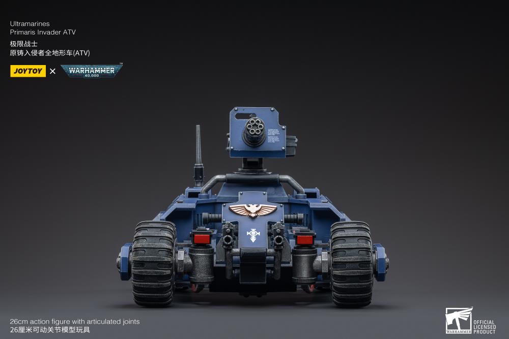 The most elite of the Space Marine Chapters in the Imperium of Man, Joy Toy brings the Ultramarines from Warhammer 40k to life with this new series of 1/18 scale figures and accessories.This 1/18 scale ATV features four big tread wheels and a large turret gun affixed to the back. 