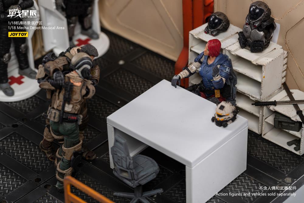 Joy Toy brings even more incredibly detailed 1/18 scale dioramas to life with this mecha depot medical area diorama! JoyToy set includes flooring, desk, supply shelves, and medical pods.