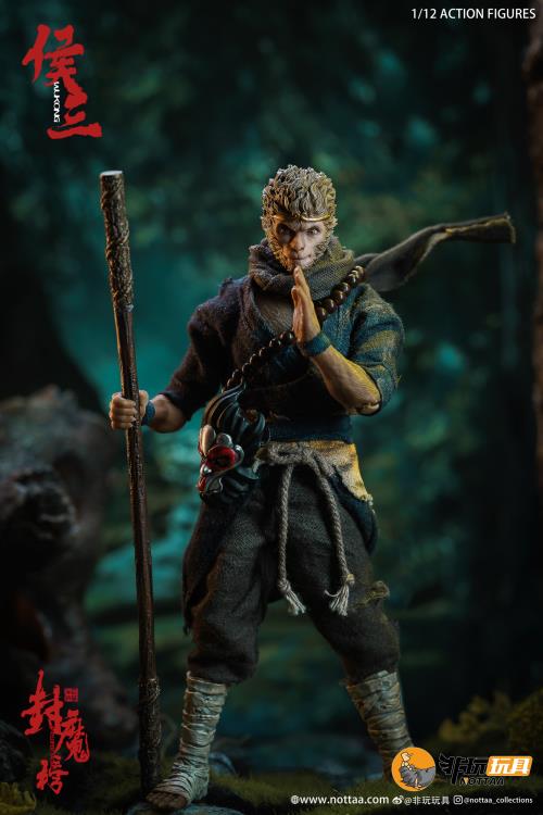 This 1/12 scale articulated figure of the martial artist monk Wukong measures around 6.5 inches tall and features real fabric clothing, alternate hands, monkey mask, beaded necklace, 2 bananas, and his monk staff. This deluxe version also comes with an alternate monkey head sculpt, golden palm effect, 2 ape forearms with fists, wind effects, and 2 extra staffs. 