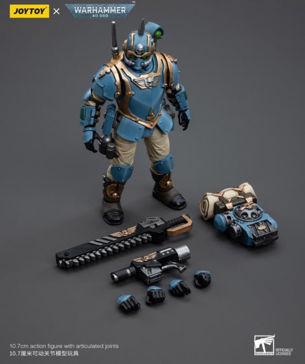 This is a 1/18 scale highly detailed, articulated figure based on Warhammer 40k's Tempestor of the Astra Militarum Tempestus 55th Kappic Eagles. The Tempestor figure stands about 4.20 inches tall and comes with several interchangeable parts and accessories, opening the door to a plethora of different and unique display opportunities.