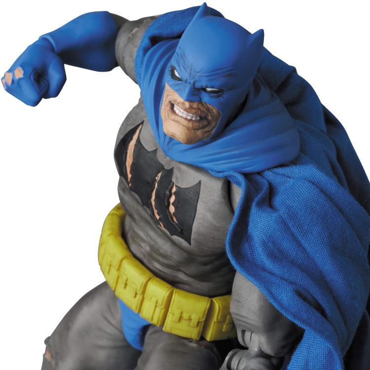 Based on his appearance from DC Comics' The Dark Knight Returns: Triumphant series, this incredibly detailed figure of Batman stands about 6 inches tall. The Dark Knight features multiple battle wounds and weathering, with two interchangeable heads, a removable cowl, and a fabric cape with wired edges for easy posing. His weapons include 4 batarangs, interchangeable hands, and a figure stand.