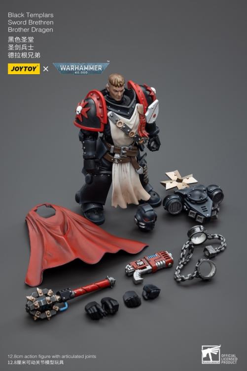 This is a 1/18 scale highly detailed, articulated figure based on Warhammer 40k's Brother Dragen of the Black Templars Sword Brethren. The Brother Dragen figure stands just over 5 inches tall and comes with several interchangeable parts and accessories, opening the door to a plethora of different and unique display opportunities.