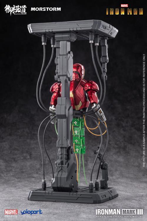 This 1/9 scale Eastern Model Morstorm Marvel Iron Man Mark III model features plastic and die-cast parts for a more real feel. Once assembled, this kit becomes a fully articulated figure with a diorama display and stand.