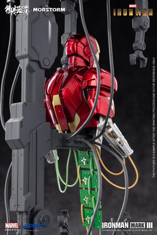 This 1/9 scale Eastern Model Morstorm Marvel Iron Man Mark III model features plastic and die-cast parts for a more real feel. Once assembled, this kit becomes a fully articulated figure with a diorama display and stand.