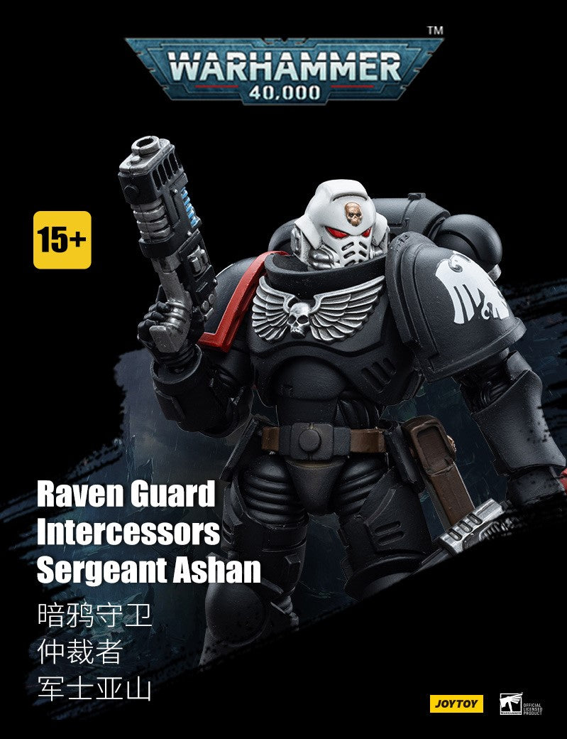 Joy Toy brings Raven Guard Intercessors from Warhammer 40k to life with this new series of 1/18 scale figures! Each figure typically includes interchangeable hands and weapon accessories and stands between 4" and 6" tall.