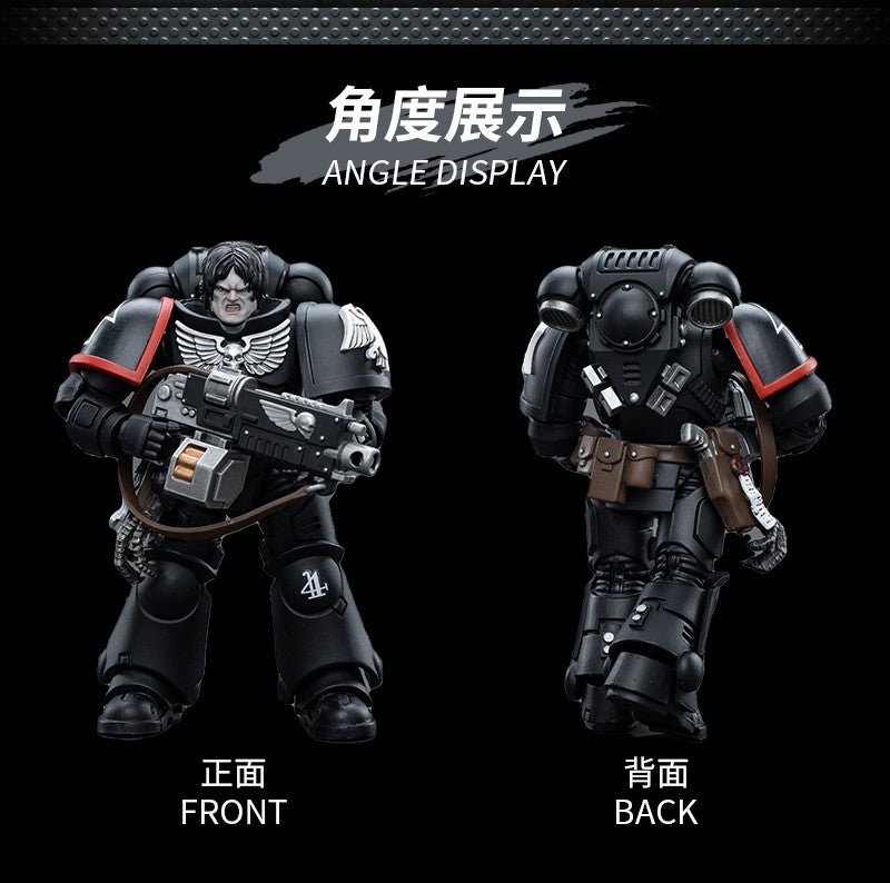 Joy Toy brings Raven Guard Intercessors from Warhammer 40k to life with this new series of 1/18 scale figures! Each figure typically includes interchangeable hands and weapon accessories and stands between 4" and 6" tall.
