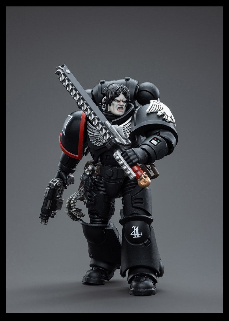 Joy Toy brings Raven Guard Intercessors from Warhammer 40k to life with this new series of 1/18 scale figures! Each figure typically includes interchangeable hands and weapon accessories and stands between 4" and 6" tall.