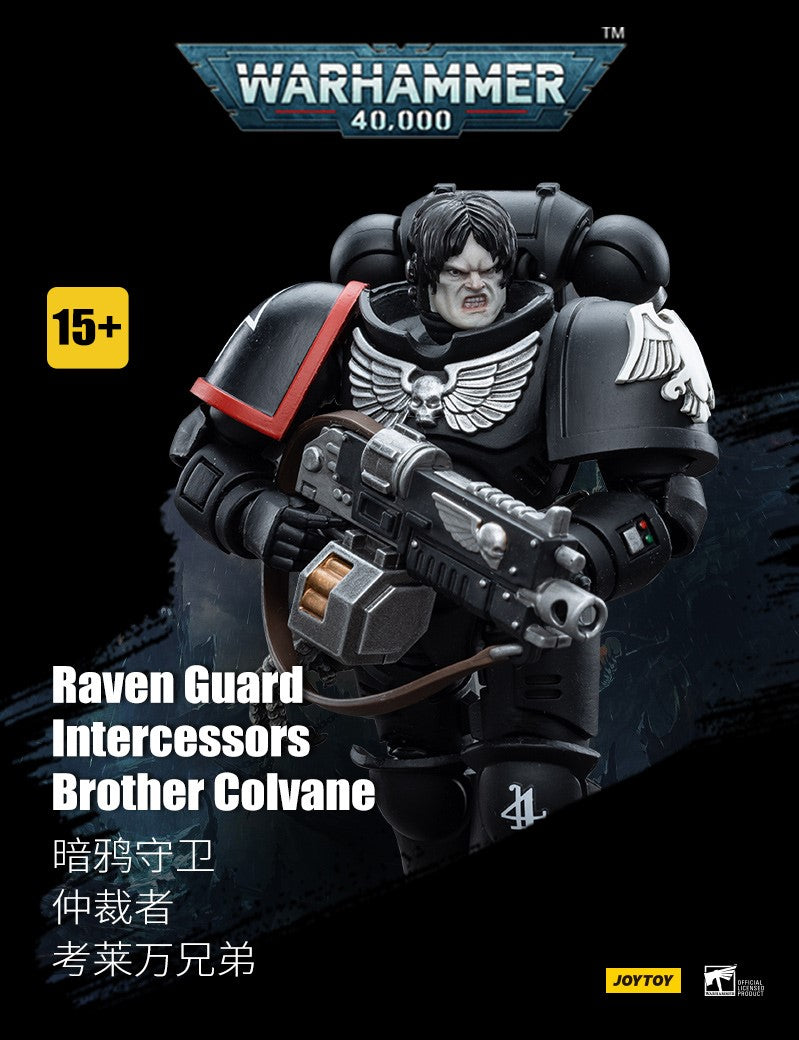 Joy Toy brings Raven Guard Intercessors from Warhammer 40k to life with this new series of 1/18 scale figures! Each figure typically includes interchangeable hands and weapon accessories and stands between 4" and 6" tall.