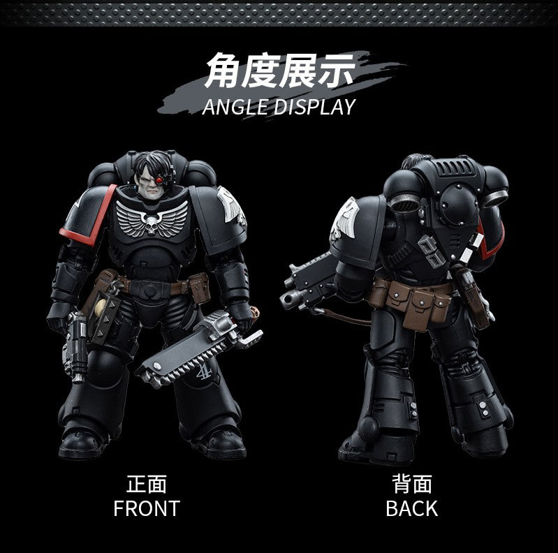 Joy Toy brings Raven Guard Intercessors from Warhammer 40k to life with this new series of 1/18 scale figures! Each figure typically includes interchangeable hands and weapon accessories and stands between 4" and 6" tall.