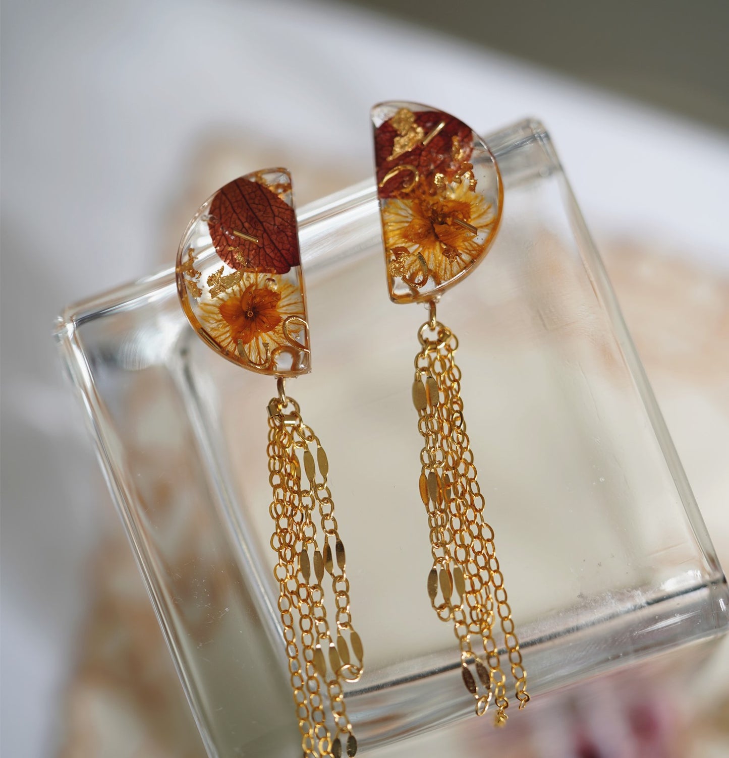 Crescent Gold handmade resin pressed multi flower dangle/ clip-ons earrings, resin dried/ real flower jewelry with Hypoallergenic S925 Sterling Silver 