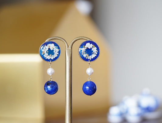 Blue Garden handmade resin pressed multi flower dangle/ clip-ons earrings, resin dried/ real flower jewelry with Hypoallergenic S925 Sterling Silver 
