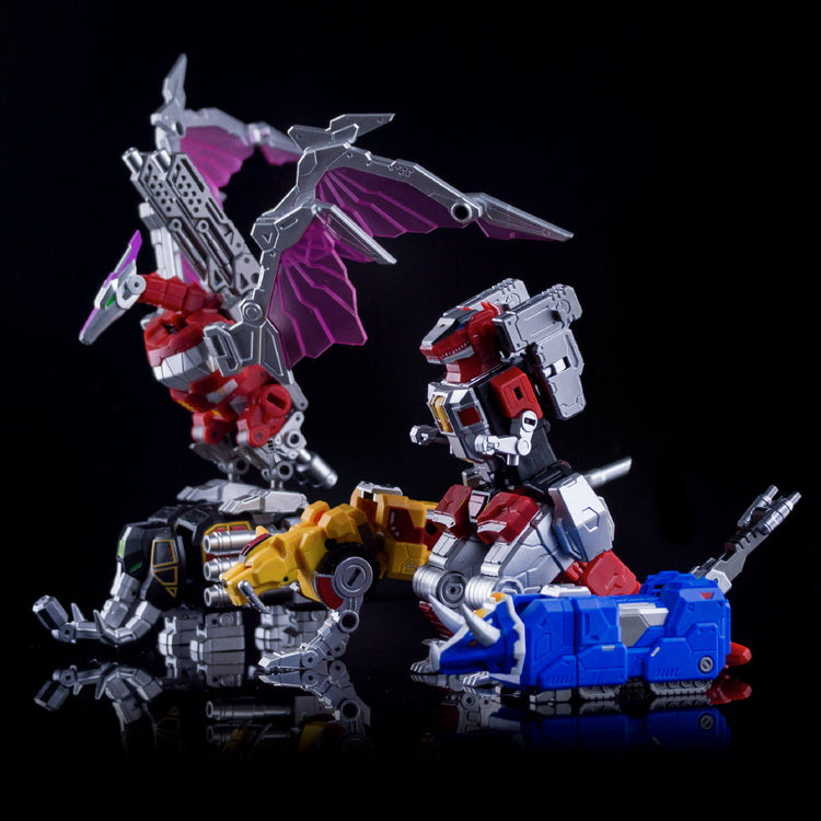 From Lucky Cat comes this unique take on a transforming combiner figure. The set contains 5 different figures. Each robot goes from cube form (conveniently stored in little 2" acrylic boxes) to animal form and finally can combine together to form Beast Lord in Chariot, Combined and Ultimate forms!
