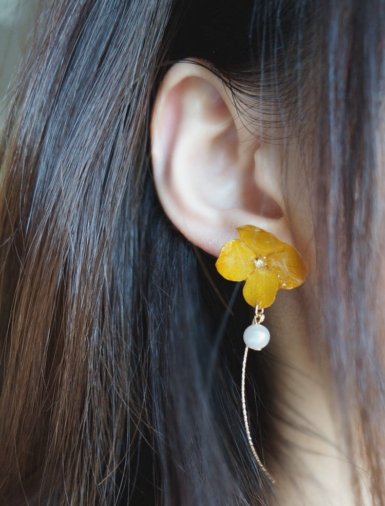 Hydrangea Pearl Handmade Pressed Flower Dangle Earrings