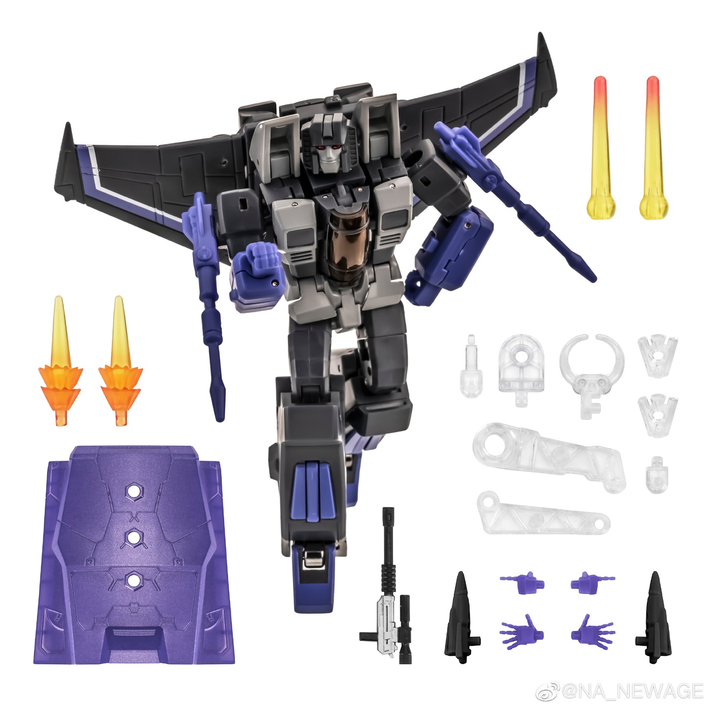 NA H15C Samael is a mini fighter jet from Newage and is able to convert into a battling robot figure. Samael includes a flight display stand and several accessories.